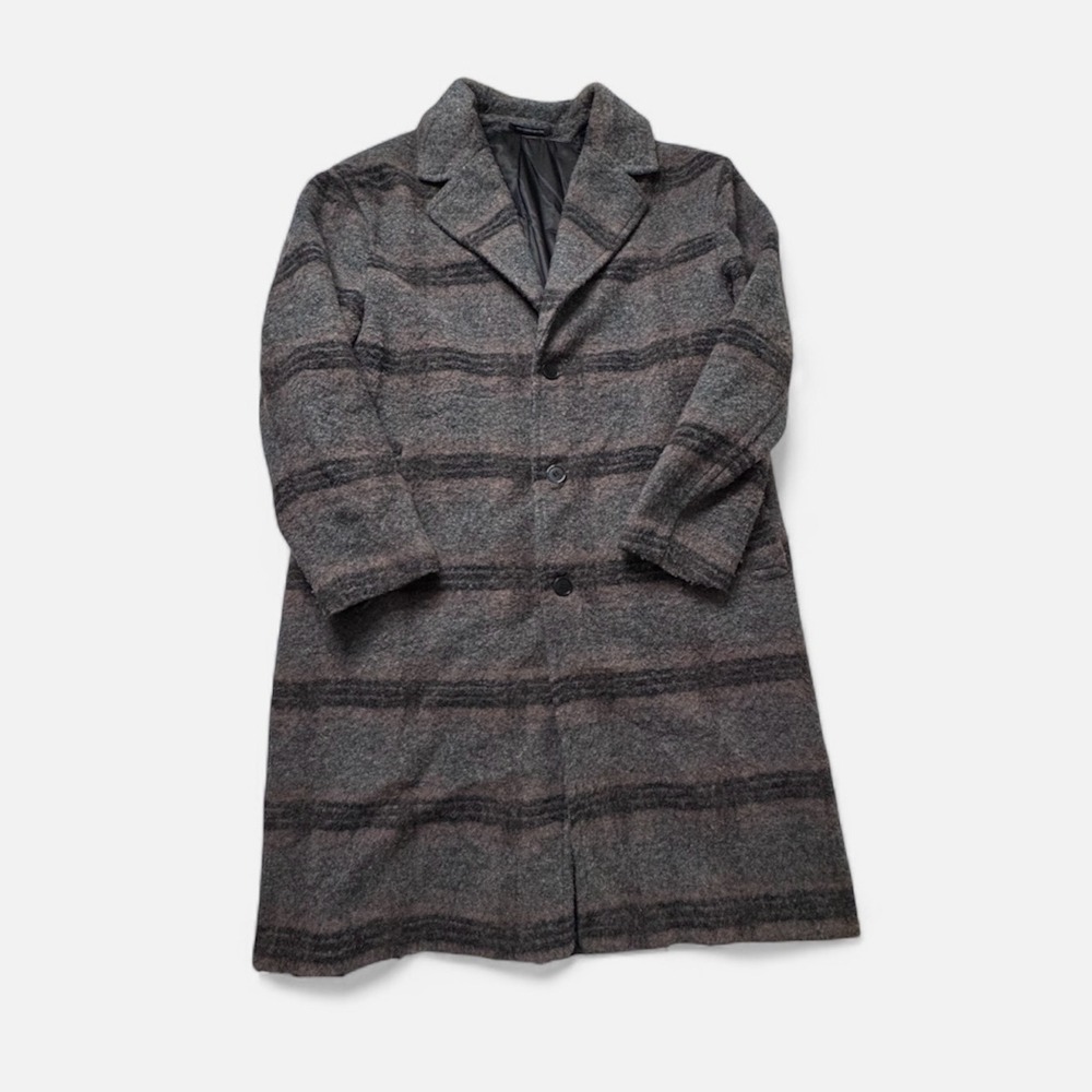 Mens XXL Gray Brown Striped Wool Blend Overcoat Long Trench Jacket Professional